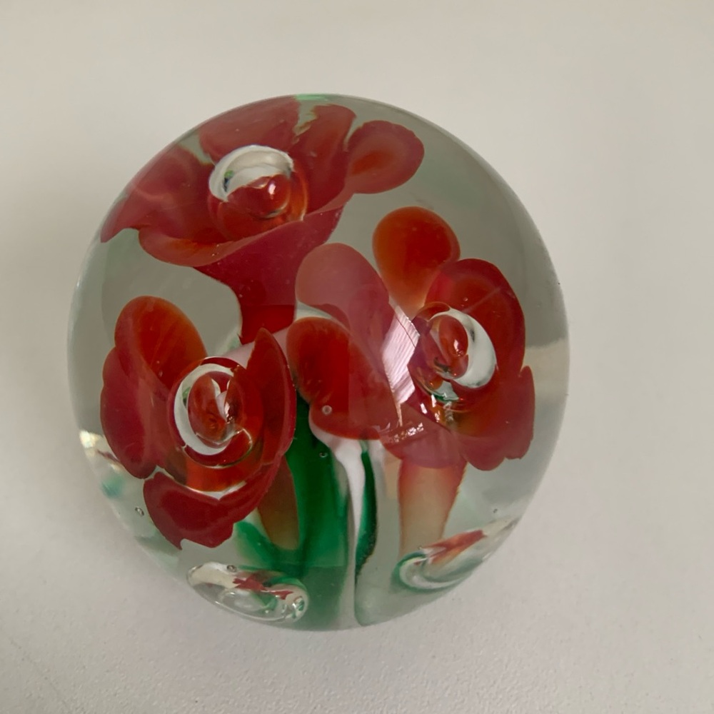 Glass Paperweight with Red Trumpet Flowers